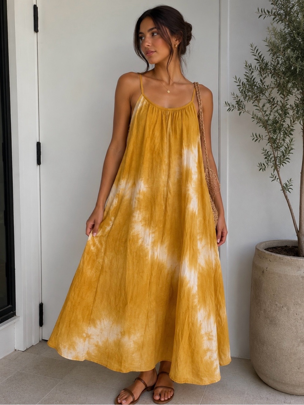 Mustard Tie-Dye Maxi Dress with Spaghetti Straps